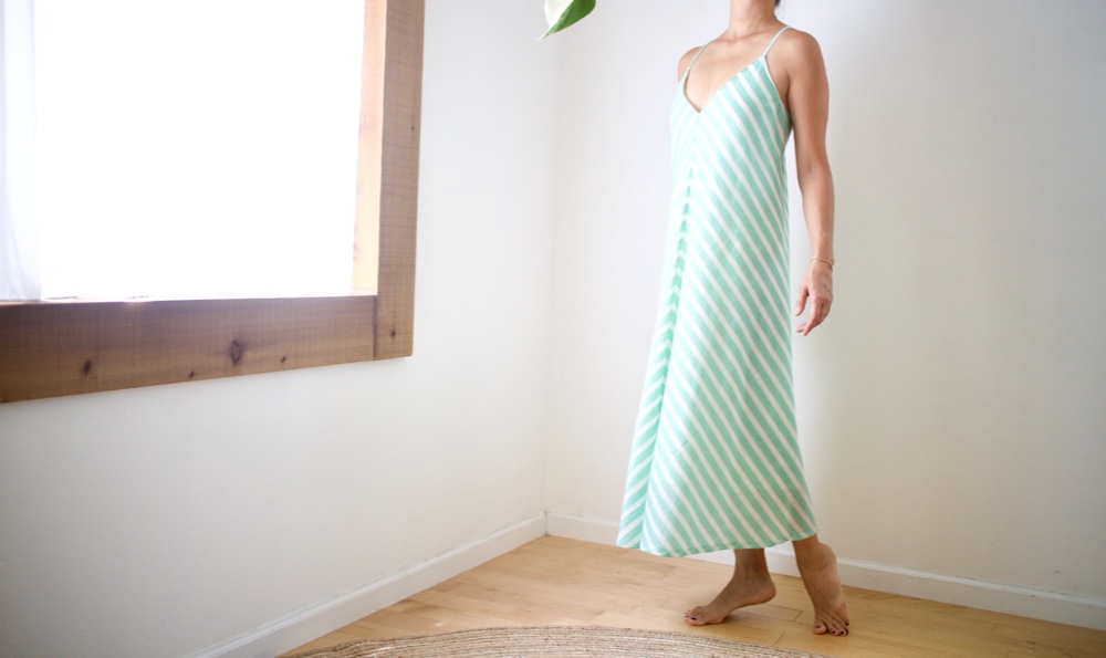 ＊Creema限定＊【セール】ロング丈サマードレス　＜バイアスストライプドレス＞　グリーン　（ブラトップ）