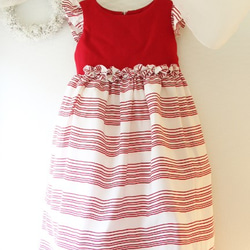 【リメイク】サイズ120  赤白のストライプドレス(袖付き) 1枚目の画像