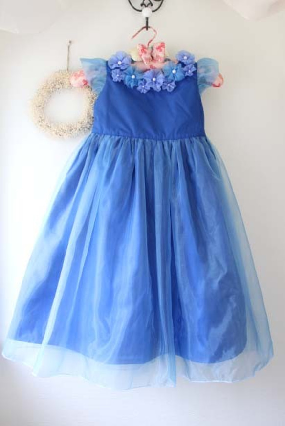 【リメイク】サイズ120　ブルーオーガンジードレス 1枚目の画像