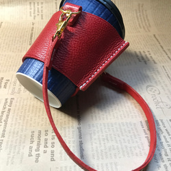 #7 牛革製カップホルダー(手縫い) ストラップ付き　赤　表面シボ加工 4枚目の画像