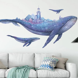 ウォールステッカー S209 クジラ　夢幻の世界　ブルー　灯台　DIY 壁シール　インテリアシート　剥がせるシール 1枚目の画像