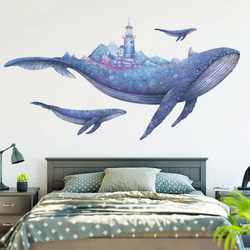 ウォールステッカー S209 クジラ　夢幻の世界　ブルー　灯台　DIY 壁シール　インテリアシート　剥がせるシール 3枚目の画像