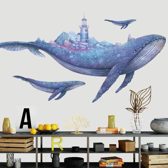 ウォールステッカー S209 クジラ　夢幻の世界　ブルー　灯台　DIY 壁シール　インテリアシート　剥がせるシール 4枚目の画像