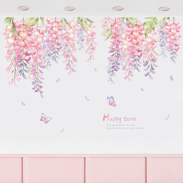 ウォールステッカー S291 植物　藤の花　葉　ピンク　流れ　蝶　DIY 壁シール　インテリアシート　剥がせるシール 1枚目の画像