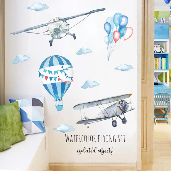 ウォールステッカー S349 飛行機　風船　熱気球　ブルー　DIY 壁紙　インテリアシート　剥がせるシール 送料無料 5枚目の画像