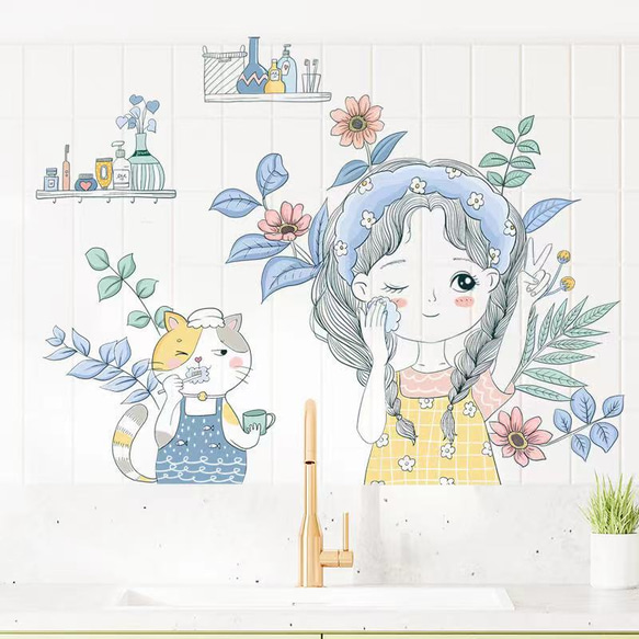 ウォールステッカー S442 洗顔の少女とネコ　花　葉　癒す　DIY 壁シール　インテリアシート　剥がせるシール 1枚目の画像