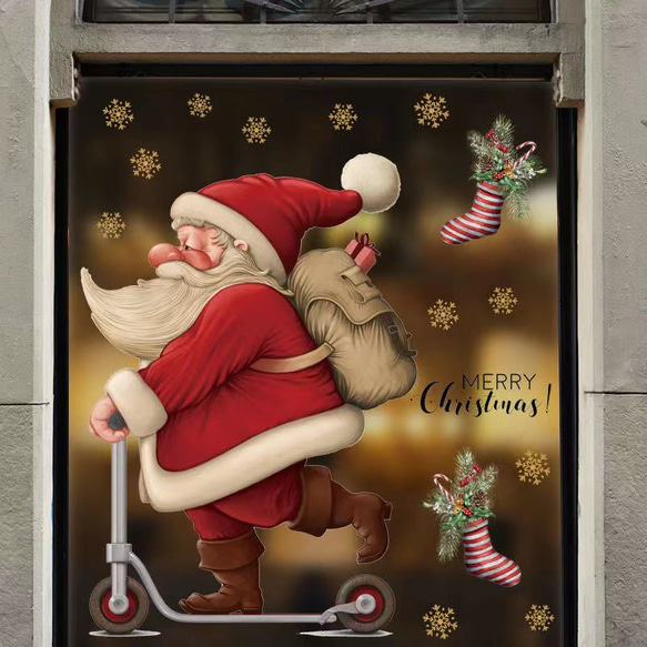 ウォールステッカー S567 クリスマス　スクーターに乗ったサンタ　窓シール　DIY 壁シール　インテリアシート剥がせる 2枚目の画像