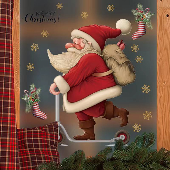 ウォールステッカー S567 クリスマス　スクーターに乗ったサンタ　窓シール　DIY 壁シール　インテリアシート剥がせる 3枚目の画像