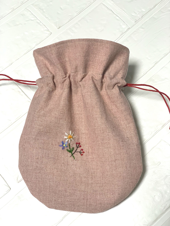 桃色の花刺繍の巾着 5枚目の画像