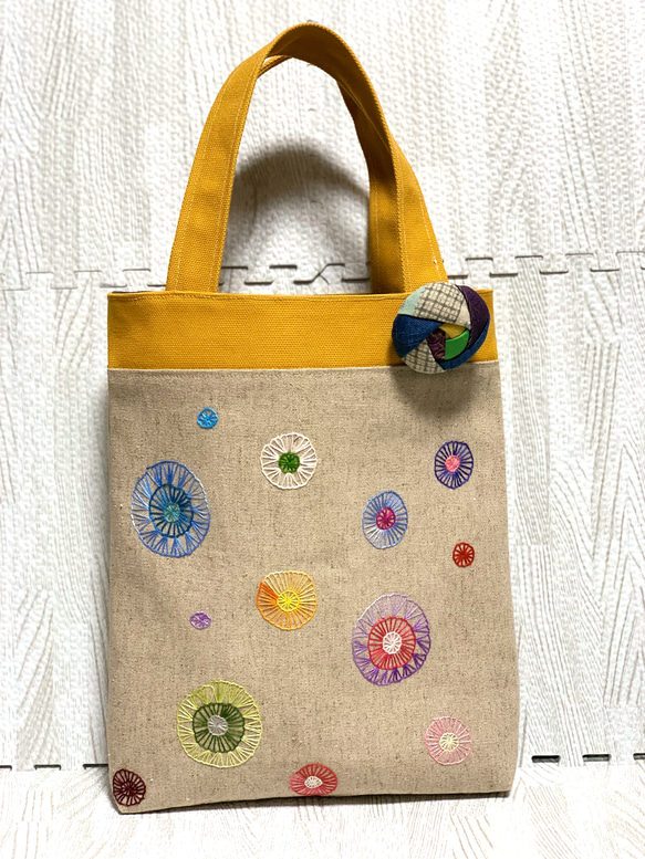 手毬刺繍のリネン縦長トートバック 5枚目の画像