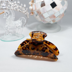 べっこうスワロフスキーダークベージュヘアクリップ大サイズ重めの髪も多い髪もしっかり留まります　大人女子フランス製樹脂 4枚目の画像