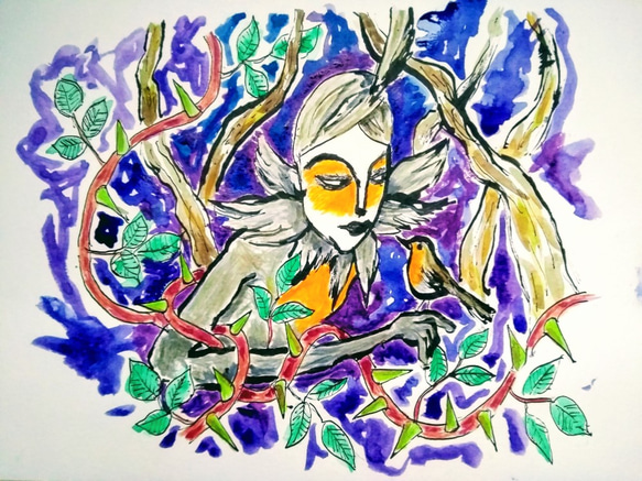 原画　水彩＆つけペン「ロビンと妖精」 1枚目の画像
