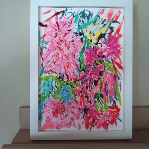 原画 水彩＆オイルパステル「フラワーパワー」 絵画 S Scott 通販