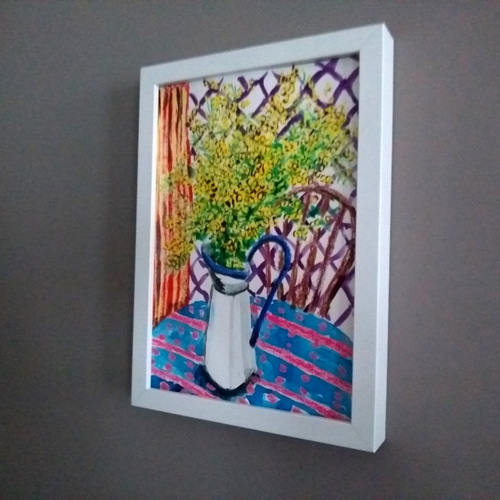 原画 水彩,オイルパステル,アクリル「ミモザの午後」 絵画 S Scott