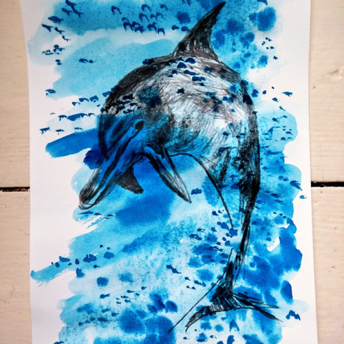 色鉛筆画 原画 絵画 イルカのクリスタルの絵 A4大(21cm×29,7cm