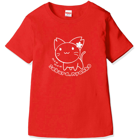 ネコのかわいいＴシャツ 半袖 さくらにゃんこ キッズ レディース  部屋着インナーにも 猫のイラスト【レッド】 2枚目の画像