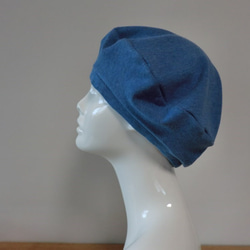 肌に優しい綿帽子　ベレー帽　杢糸　ブルー 1枚目の画像