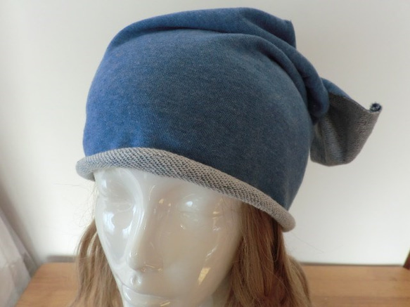 おしゃれな肌にやさし綿い帽子　杢糸　ブルー後ろリボン 3枚目の画像