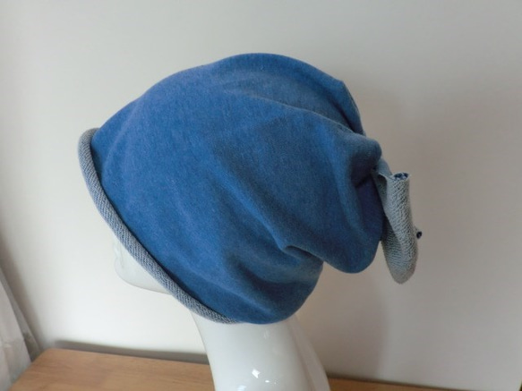 おしゃれな肌にやさし綿い帽子　杢糸　ブルー後ろリボン 1枚目の画像