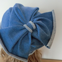 おしゃれな肌にやさし綿い帽子　杢糸　ブルー後ろリボン 4枚目の画像