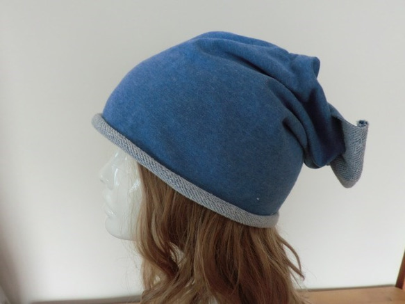 《受注販売》おしゃれな肌にやさし綿い帽子　杢糸　ブルー後ろリボン 2枚目の画像