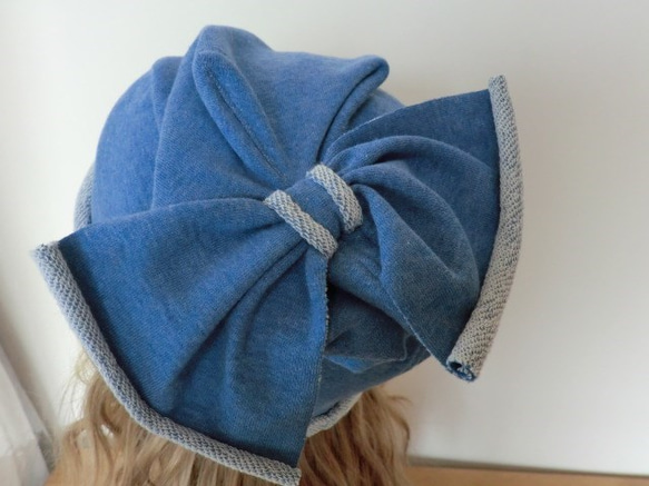 《受注販売》おしゃれな肌にやさし綿い帽子　杢糸　ブルー後ろリボン 4枚目の画像