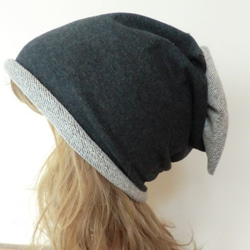 おしゃれな肌にやさしい綿帽子　杢糸　ダークグレー　後ろリボン 3枚目の画像