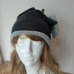 おしゃれな肌にやさしい綿帽子　杢糸　ダークグレー　後ろリボン 4枚目の画像