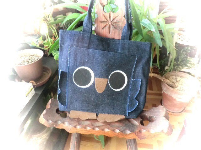 オリジナルふくろうキャラクターのトートバック　デニム 紺