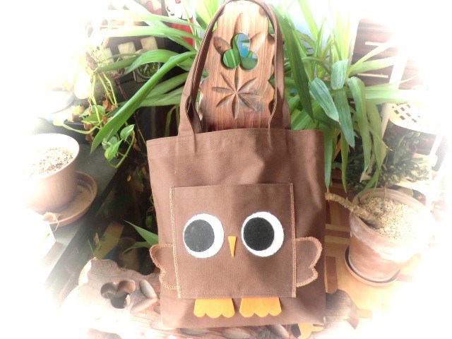 オリジナルふくろうキャラクターのトートバック　頒布　茶色