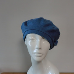 肌に優しい綿帽子　ベレー帽　杢糸　ブルー 2枚目の画像