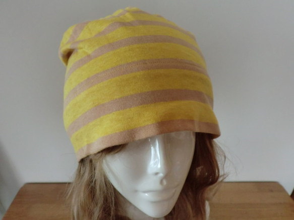 肌に優しいおしゃれな綿帽子　黄色×ベージュ　後ろリボン 4枚目の画像