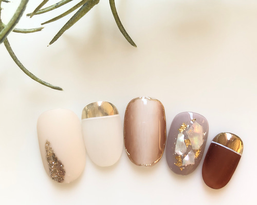 No.336 ネイルチップ　ブラウン　水色　ニュアンス　キラキラ　シェル　秋 No.336 ネイルチップ ブラウン 水色 ニュアンス キラキラ シェル 秋