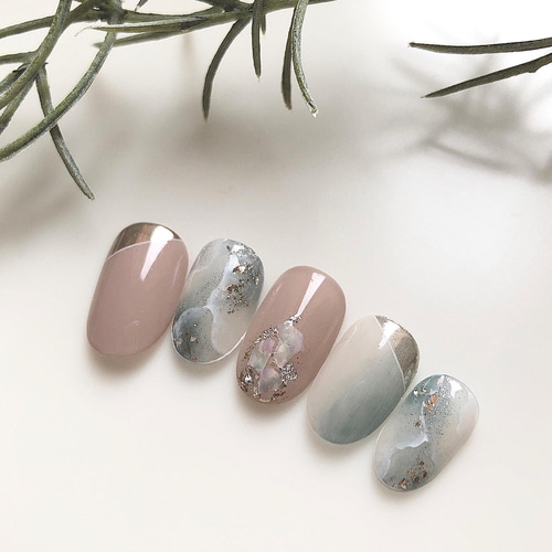 No.6 くすみブルーのニュアンスネイル /大理石ネイル/ブルーネイル/秋  