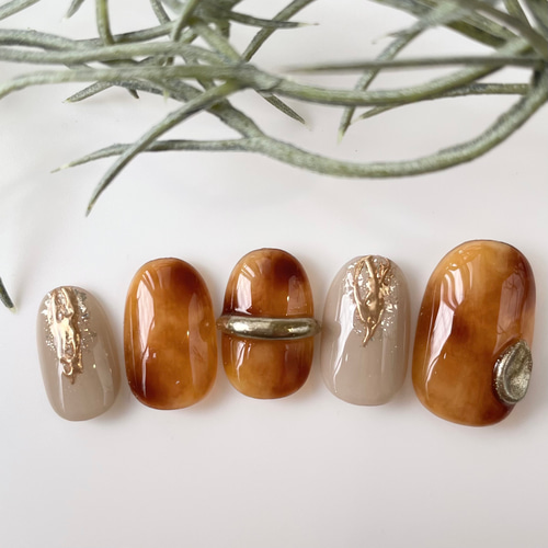 No.48 べっ甲リングアートネイル /ニュアンスネイル/秋ネイル/冬ネイル  