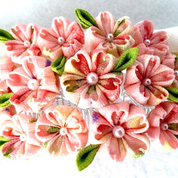 つまみ細工髪飾り コーム簪～桜の園 ピンクの柄縮緬 2枚目の画像