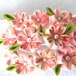 つまみ細工髪飾り コーム簪～桜の園 ピンクの柄縮緬 3枚目の画像