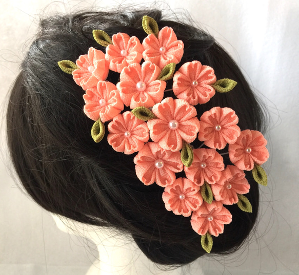 つまみ細工髪飾り コーム簪～桜の園 濃い桜色 1枚目の画像