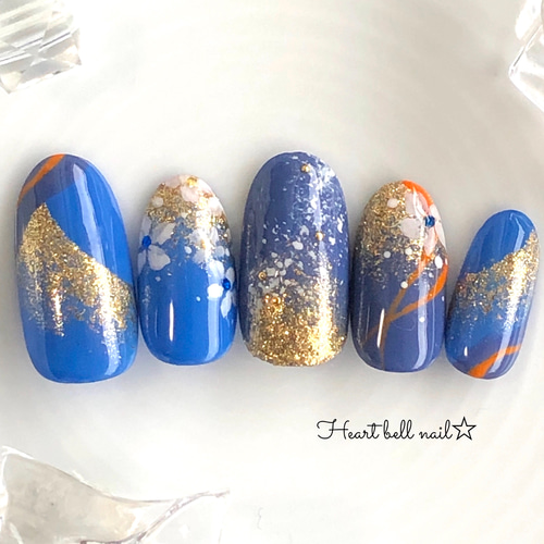 ネイルチップ 成人式 和柄 青 花 フラワー フルオーダーネイル