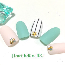 No.1(夏ネイル/ミンドグリーン/ストライプ) ネイルチップ（つけ爪