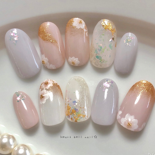 175 〗ネイルチップ フラワーネイル ストーンネイル お花 ピンク  