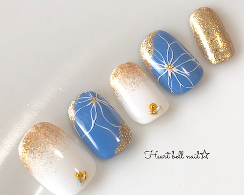 【オーダー専】 浴衣 花柄 ネイルチップ 水色 淡色 青 ブルー 蝶々 和 夏 サイズオーダー ネイルチップ 5791 ネイビー ホワイト フラワー