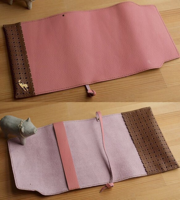 春色ピンクさくら色シュリンクレザーにレーシーパンチングレザー　革文庫用　（A6）ブックカバー 2枚目の画像