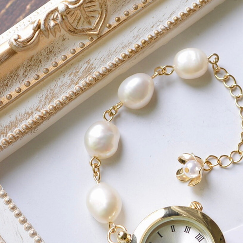 パールと金の可愛いブレス チャームブレスレット ステンレス ゴールド シルバー 2連 重ね