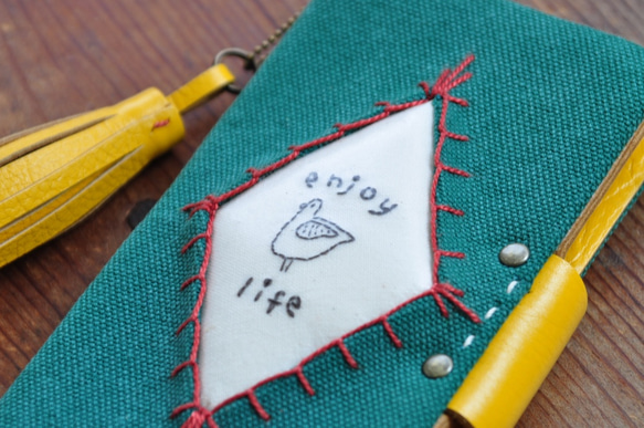リニューアル　アンドロイド　ディープグリーン 帆布×本革 　手帳型スマホケース　受注制作　鳥 エクスペリア　ギャラクシ 2枚目の画像