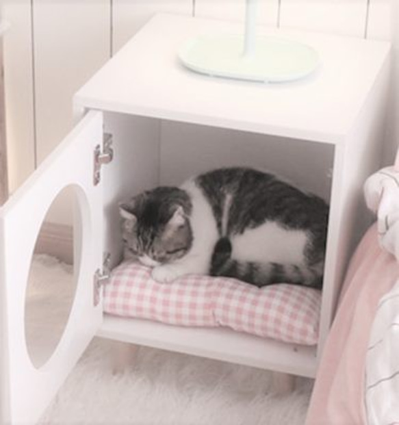 オーダーメイド 職人手作り 猫家具 キャットハウス 猫ベット インテリア おうち時間 白家具 天然木 無垢材 家具 LR 3枚目の画像