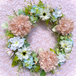 ＊Flower wreathe♡くすみサーモンピンク色ラナンキュラスのリース♡アーティフィシャルフラワー♡２９㎝＊ 2枚目の画像