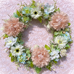 ＊Flower wreathe♡くすみサーモンピンク色ラナンキュラスのリース♡アーティフィシャルフラワー♡２９㎝＊ 5枚目の画像