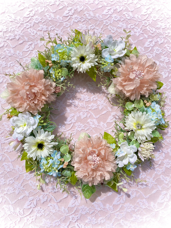 ＊Flower wreathe♡くすみサーモンピンク色ラナンキュラスのリース♡アーティフィシャルフラワー♡２９㎝＊ 5枚目の画像