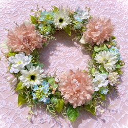 ＊Flower wreathe♡くすみサーモンピンク色ラナンキュラスのリース♡アーティフィシャルフラワー♡２９㎝＊ 6枚目の画像